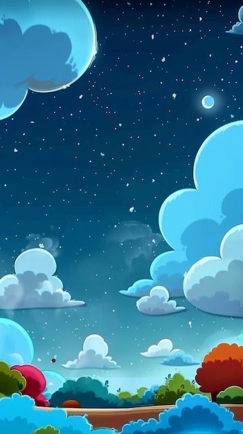 Cartoon clouds and stars fill the night sky in a whimsical and imaginative scene