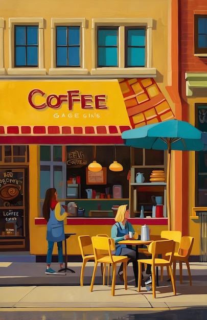 Photo a cartoon of a coffee shop with a woman in a blue dress and a yellow umbrella