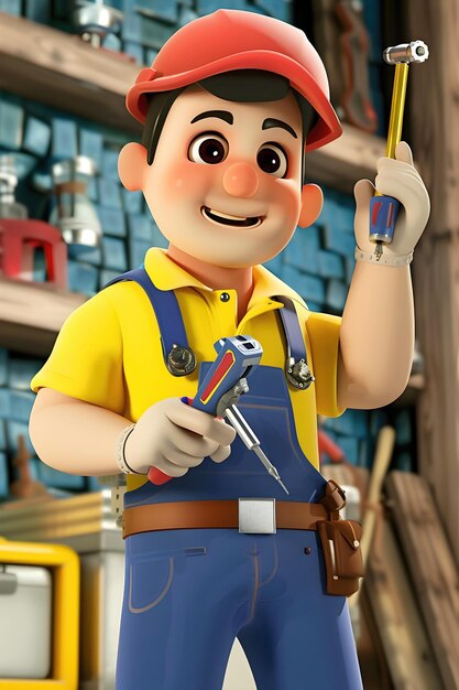 Cartoon Construction Worker in Uniform Holding Screwdriver