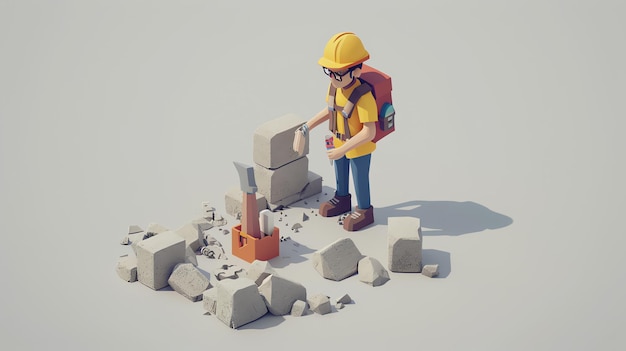 A cartoon construction worker with a pickaxe and backpack breaks up rocks