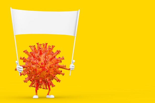 Cartoon Coronavirus COVID-19 Virus Mascot Person Character and Empty White Blank Banner with Free Space for Your Design on a yellow background. 3d Rendering