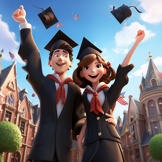 cartoon couple in graduation attire with hats and gowns in front of a castle generative ai