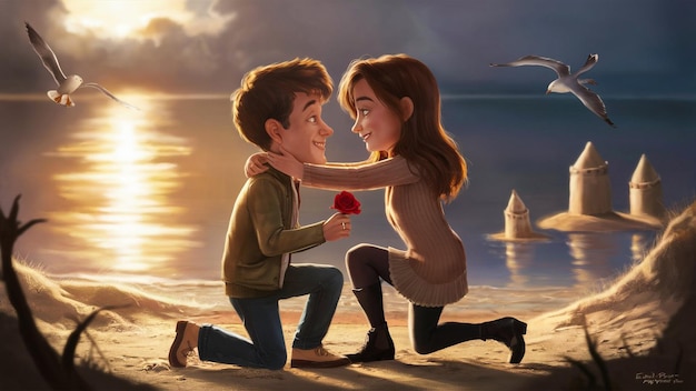 Photo a cartoon of a couple hugging and kissing on the beach