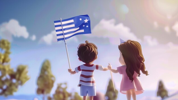 Photo a cartoon couple of kids with flag