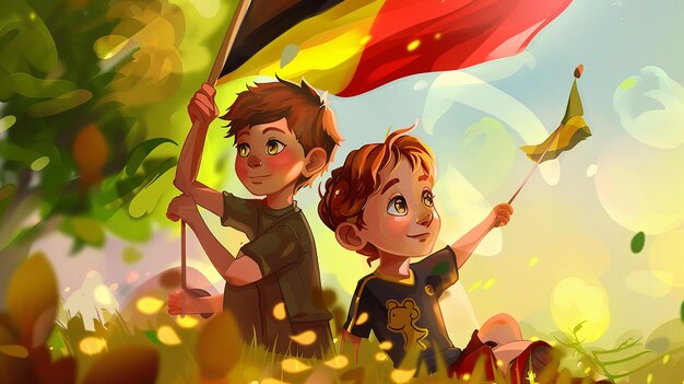 Photo a cartoon couple of kids with flag