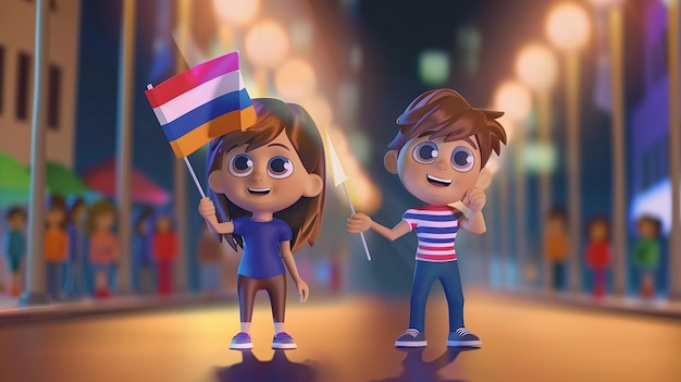 Photo a cartoon couple of kids with flag