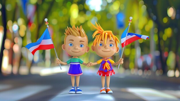 Photo a cartoon couple of kids with flag