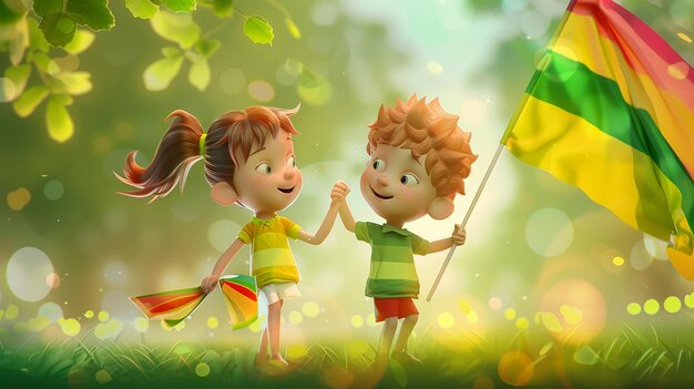 Photo a cartoon couple of kids with flag