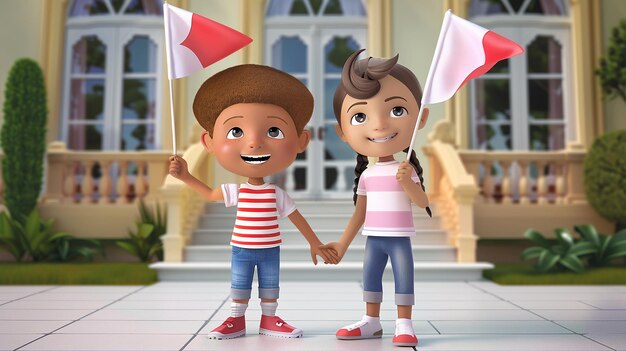 Photo a cartoon couple of kids with flag