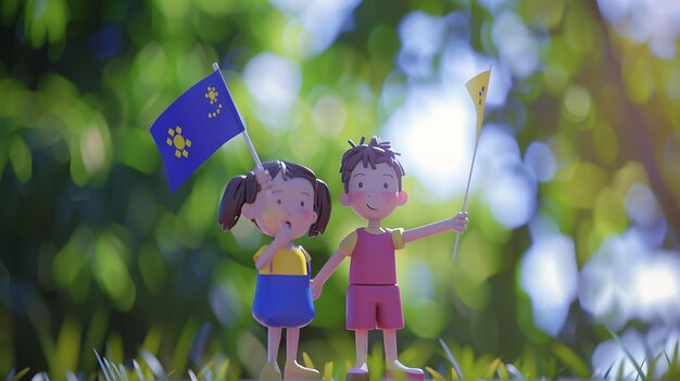 Photo a cartoon couple of kids with flag