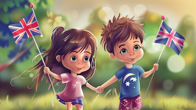 Photo a cartoon couple of kids with flag