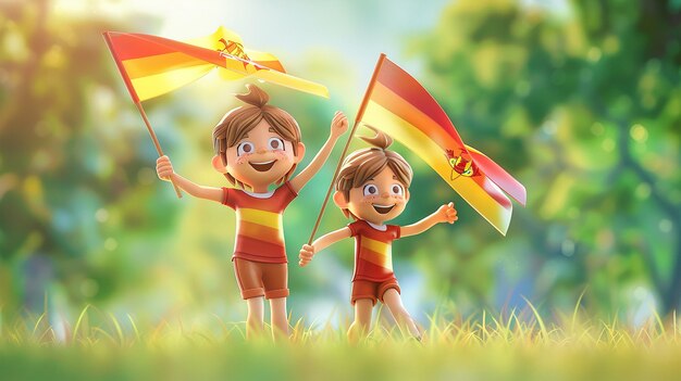 a cartoon couple of kids with flag