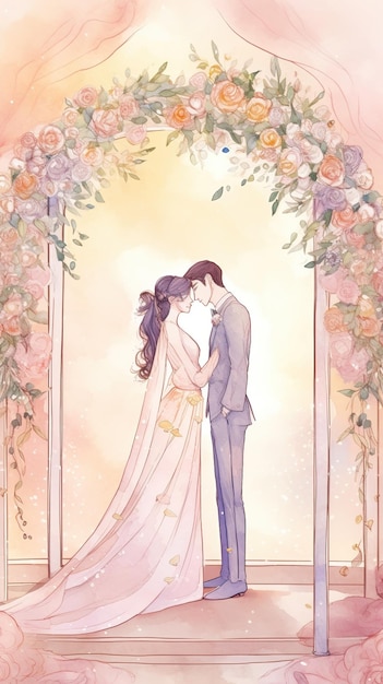 A cartoon of a couple kissing under a arch with flowers on it.