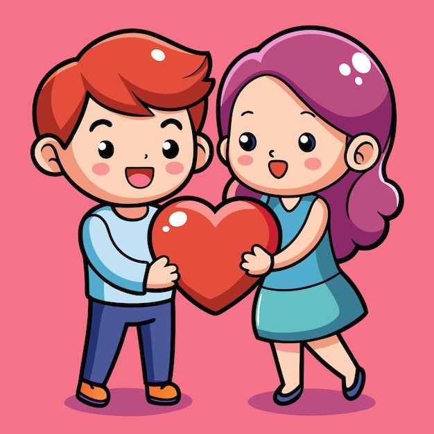 Photo cartoon couple in love holding heart