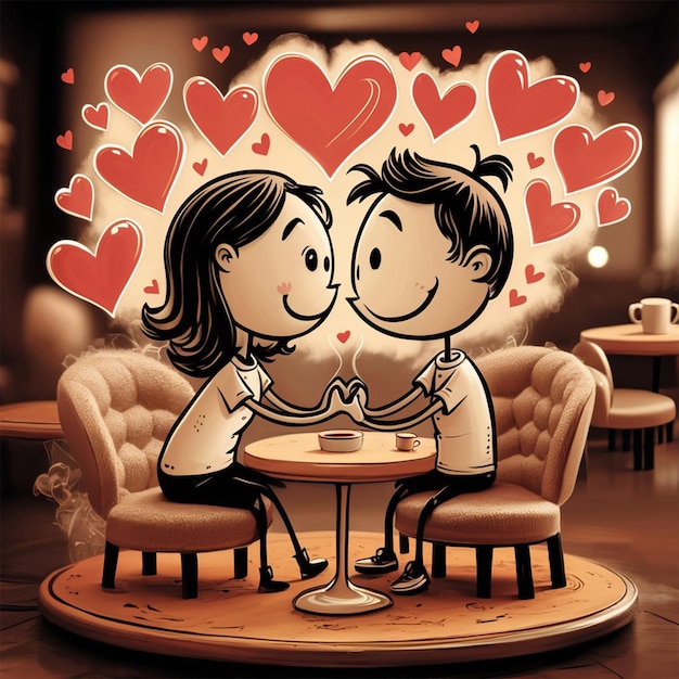 a cartoon of a couple in love with hearts behind them