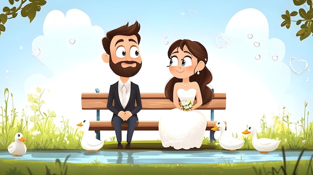 Photo cartoon couple sharing peaceful moment in scenic park setting