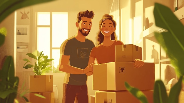 Photo a cartoon of a couple with boxes of boxes