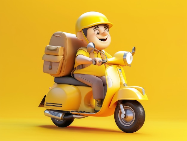 A cartoon courier wearing a yellow helmet rides a yellow scooter with a large backpack smiling cheerfully