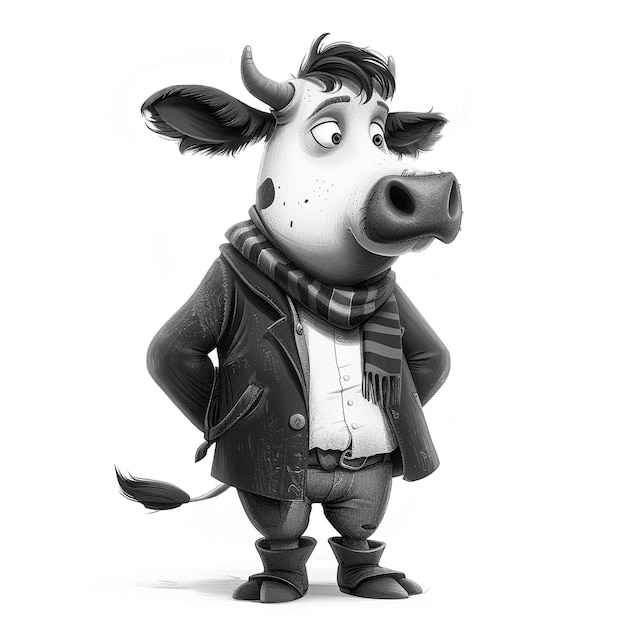 Photo a cartoon cow character dressed in a coat and scarf standing confidently with hands on hips