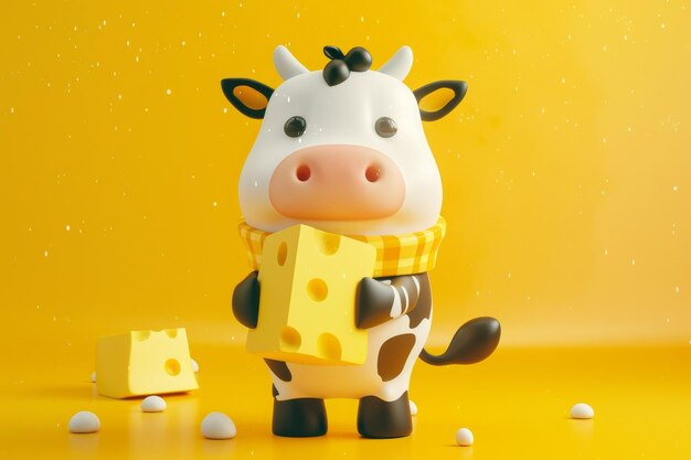 Photo a cartoon cow is holding a piece of cheese in its mouth