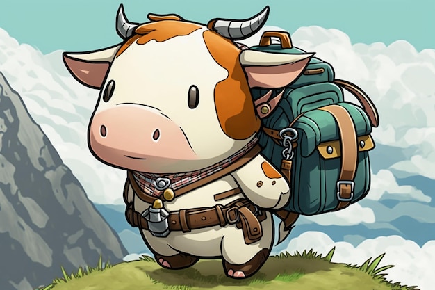 A cartoon cow with a backpack on his back