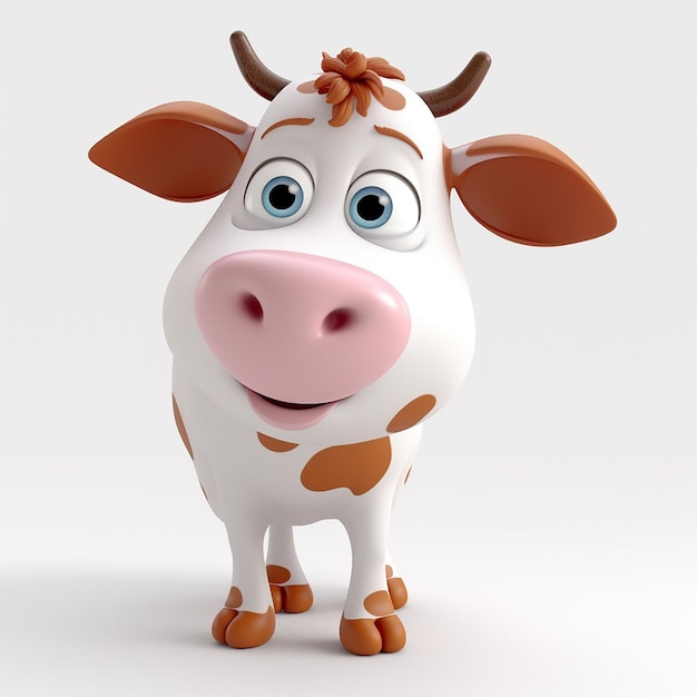 A cartoon cow with brown spots is standing on a white background.