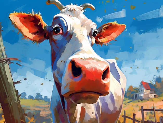 Cartoon of cow with farm background