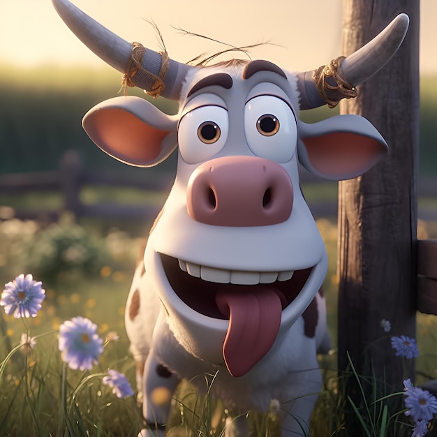 A cartoon cow with a pink tongue sticking out stands in a field of flowers.