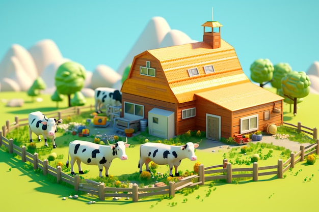 Cartoon cows on a cow farm The game of raising domestic animals