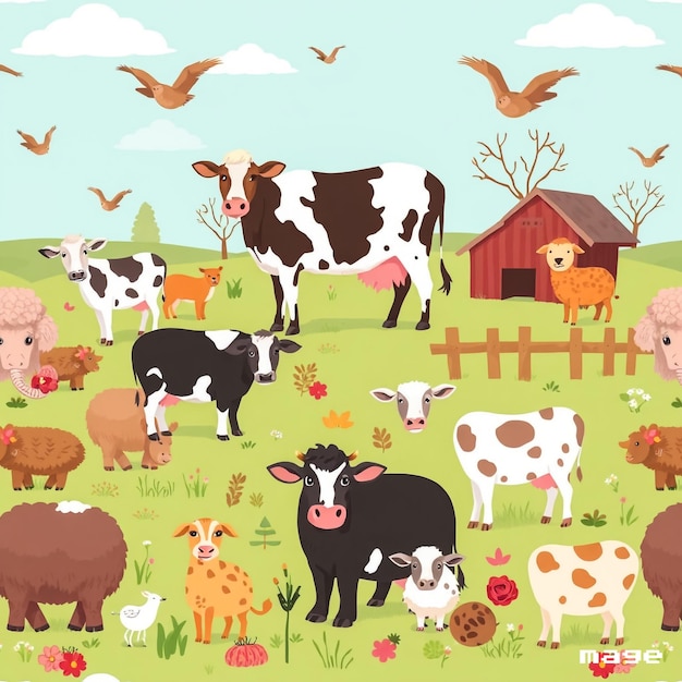 Photo a cartoon of cows and a cow in a field with a barn in the background