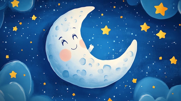 A cartoon crescent moon with a smiling face in a night sky with stars and clouds