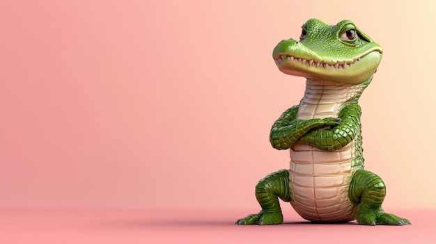 Photo a cartoon crocodile character with a confident pose against a simple background