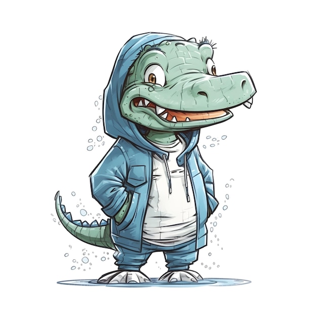 A cartoon crocodile wearing a hoodie and a hoodie with the word crocodile on it.