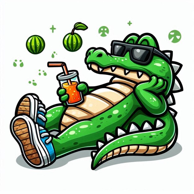 Photo a cartoon of a crocodile wearing sunglasses and a drink with a drink in his mouth