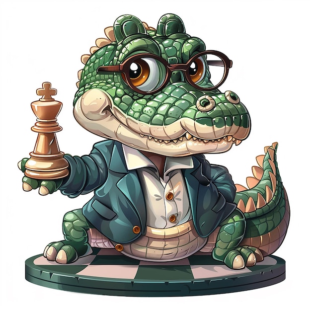 a cartoon of a crocodile with glasses and a chess piece