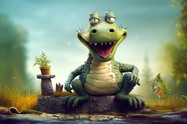 A cartoon of a crocodile with a green face sits on a rock.