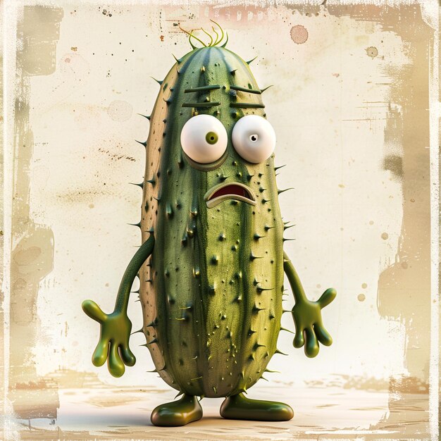 Photo cartoon cucumber character standing confused with big eyes in a playful setting