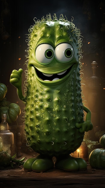 Photo a cartoon of a cucumber with a smile and a bottle of liquor