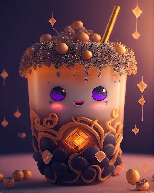 A cartoon of a cup of milkshake with purple eyes and purple eyes.