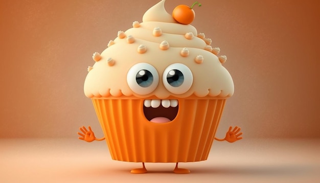 A cartoon cupcake with a face that says " monster " on it.