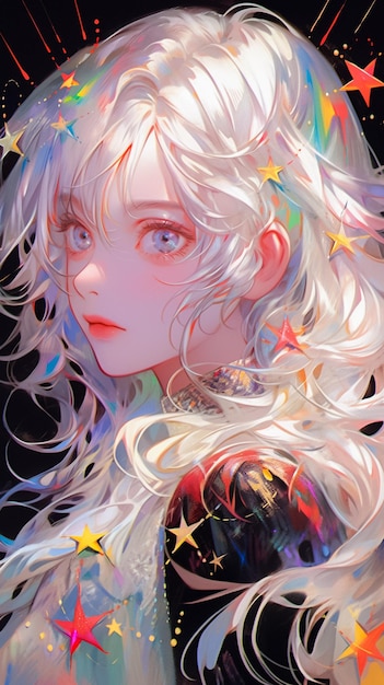 Cartoon and Cute Anime Girl in White Hair and Lighting Fantasy Manga Theme Ai generated