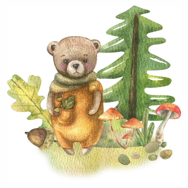 Cartoon cute bear, forest herbs, flowers, trees, leaves, painted in watercolor.