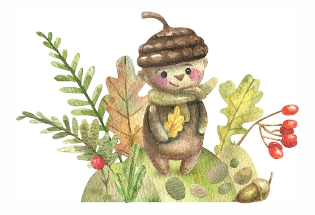 Cartoon cute boy acorn and forest herbs, flowers, mushrooms, trees, leaves, hand drawn watercolor.