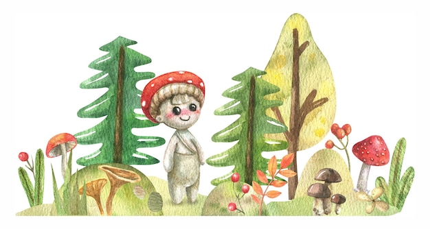 Cartoon cute boy fly agaric and forest herbs, flowers, mushrooms, trees, leaves, fir tree hand drawn