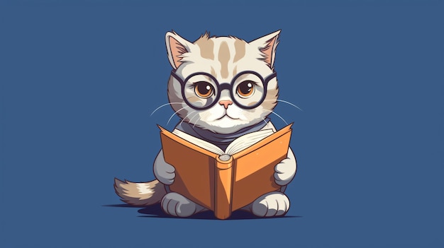 a cartoon of a cute cat reading a book