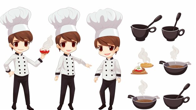 Photo cartoon cute chef boy with equipment elements