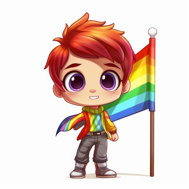 Cartoon cute child boy holding colorful flag generative AI