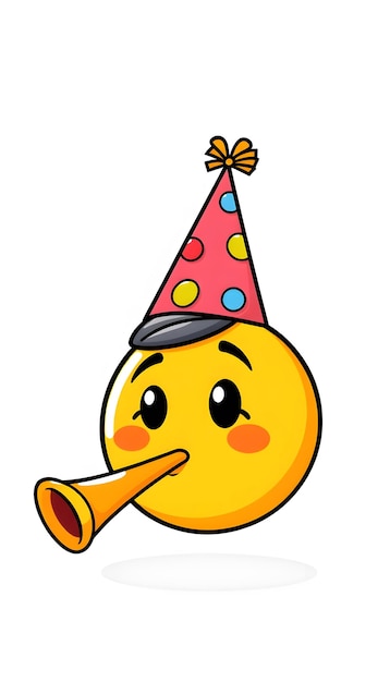 Cartoon cute doodles of a party emoji wearing a party hat and blowing a party horn isolated with