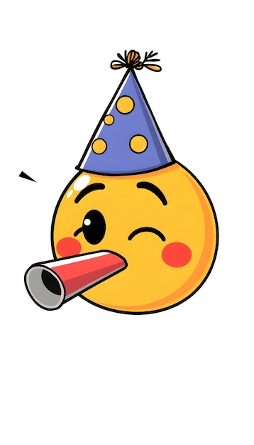 Cartoon cute doodles of a party emoji wearing a party hat and blowing a party horn isolated with