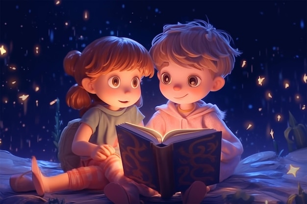 cartoon cute girl and boy reading a fairytale magic book under the magical night sky extreme closeup